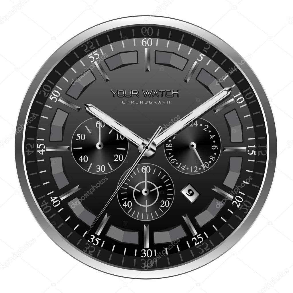 Realistic black silver clock watch face chronograph luxury on white background vector illustration.