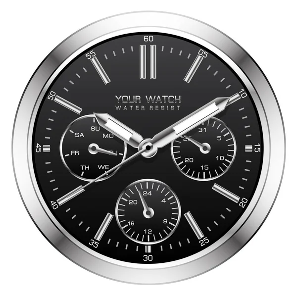 現実的なブラックシルバーの時計は白の背景ベクトルイラスト上のクロノグラフ贅沢に直面する — ストックベクタ