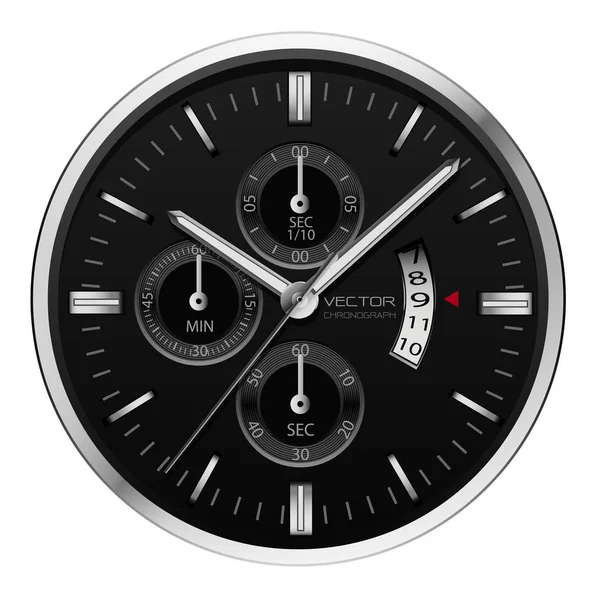 Realistico Nero Orologio Argento Cronografo Sfondo Bianco Vettoriale Illustrazione — Vettoriale Stock