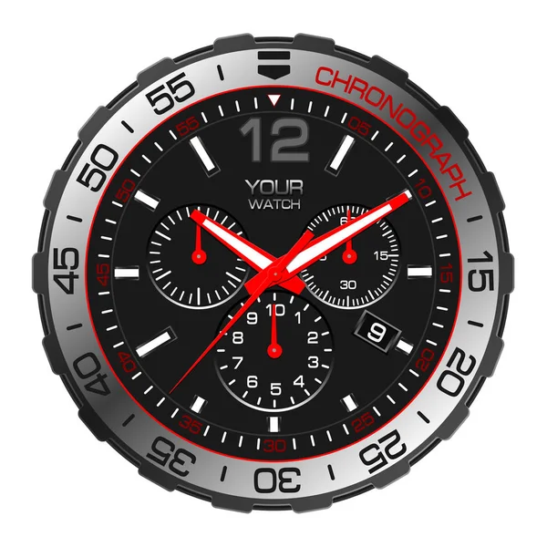 Reloj Realista Negro Rojo Plata Reloj Cronógrafo Deporte Lujo Sobre — Vector de stock