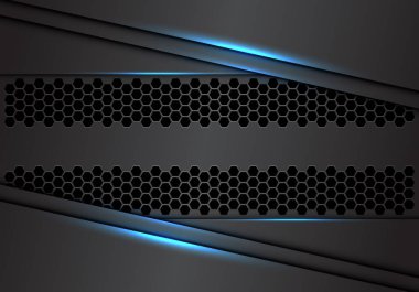 Mavi ışık desen tasarımı modern lüks fütüristik endüstriyel teknoloji arka plan vektör illüstrasyon ile soyut gri metalik örtüşme altıgen örgü.