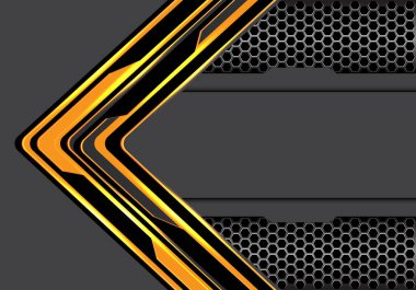Gri boş alan tasarımı üzerinde altıgen ağ metaliği bulunan soyut sarı siyah ok devre teknolojisi yönü modern fütürist arkaplan çizimi.