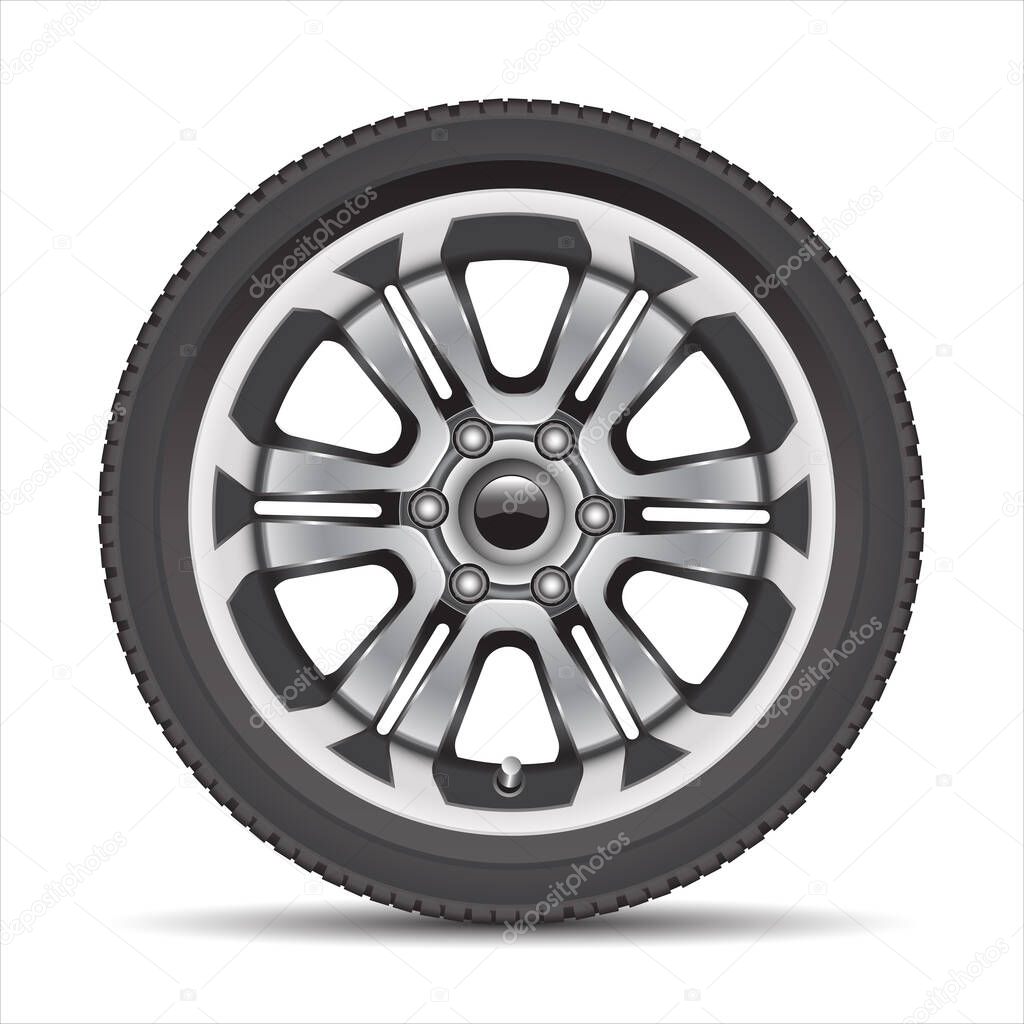 Realistic car wheel alloy with black rubber on white background vector illustration.