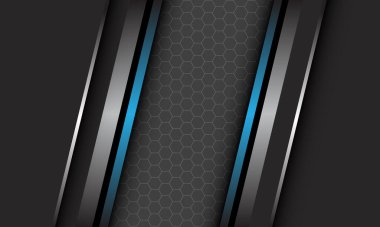 Koyu gri üzerinde soyut gümüş mavi metalik çizgi ve altıgen örgülü boş uzay dizaynı modern lüks fütüristik teknoloji arka plan çizimi.