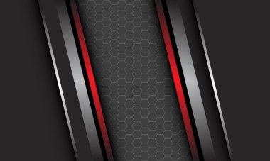 Koyu gri üzerinde soyut gümüş metalik çizgi ve altıgen örgülü boş uzay dizaynı modern lüks fütüristik teknoloji arka plan çizimi.