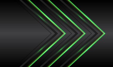 Siyah metalik tasarım üzerine soyut üçlü yeşil ışık neon ok yönü modern fütüristik teknoloji arkaplan çizimi.