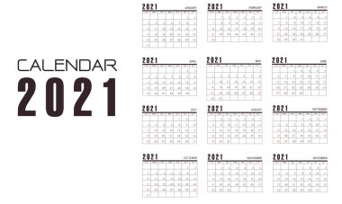 Beyaz arkaplan takviminde 2021 siyah kırmızı çizim vektörü çizimi.