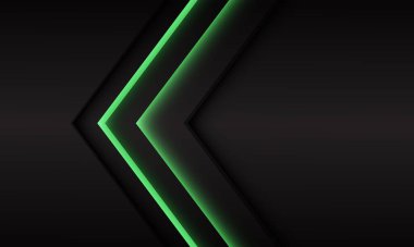 Boş uzay tasarımı ile koyu gri metalik üzerinde soyut yeşil ışıklı ok yönü modern lüks fütüristik arkaplan çizimi.