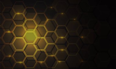 Soyut altın altıgen örgü desenli ışık teknolojisi siyah üzerine boş uzay tasarımı modern fütüristik arkaplan çizimi.