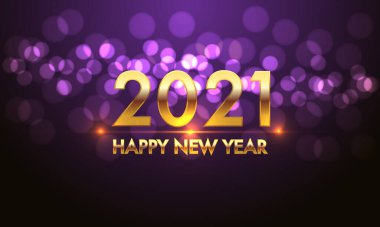 Mutlu yıllar 2021 altın sayı ve menekşe bokeh ışık efekti üzerine yazı. Bayram geri sayım festivali için siyah arkaplan tasarımı..