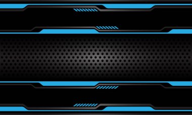 Mavi siyah siber çizgi tasarımı üzerinde soyut koyu gri çember ağ afişi modern fütürist teknoloji arka plan çizimi.