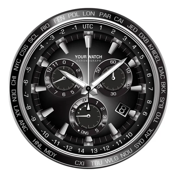 Realistische Silberne Schwarze Stahluhr Chronograph Armaturenbrett Zifferblatt Auf Weißem Hintergrund — Stockvektor