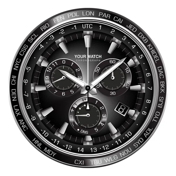 Realistico Argento Nero Orologio Orologio Acciaio Cronografo Faccia Cruscotto Sfondo — Vettoriale Stock