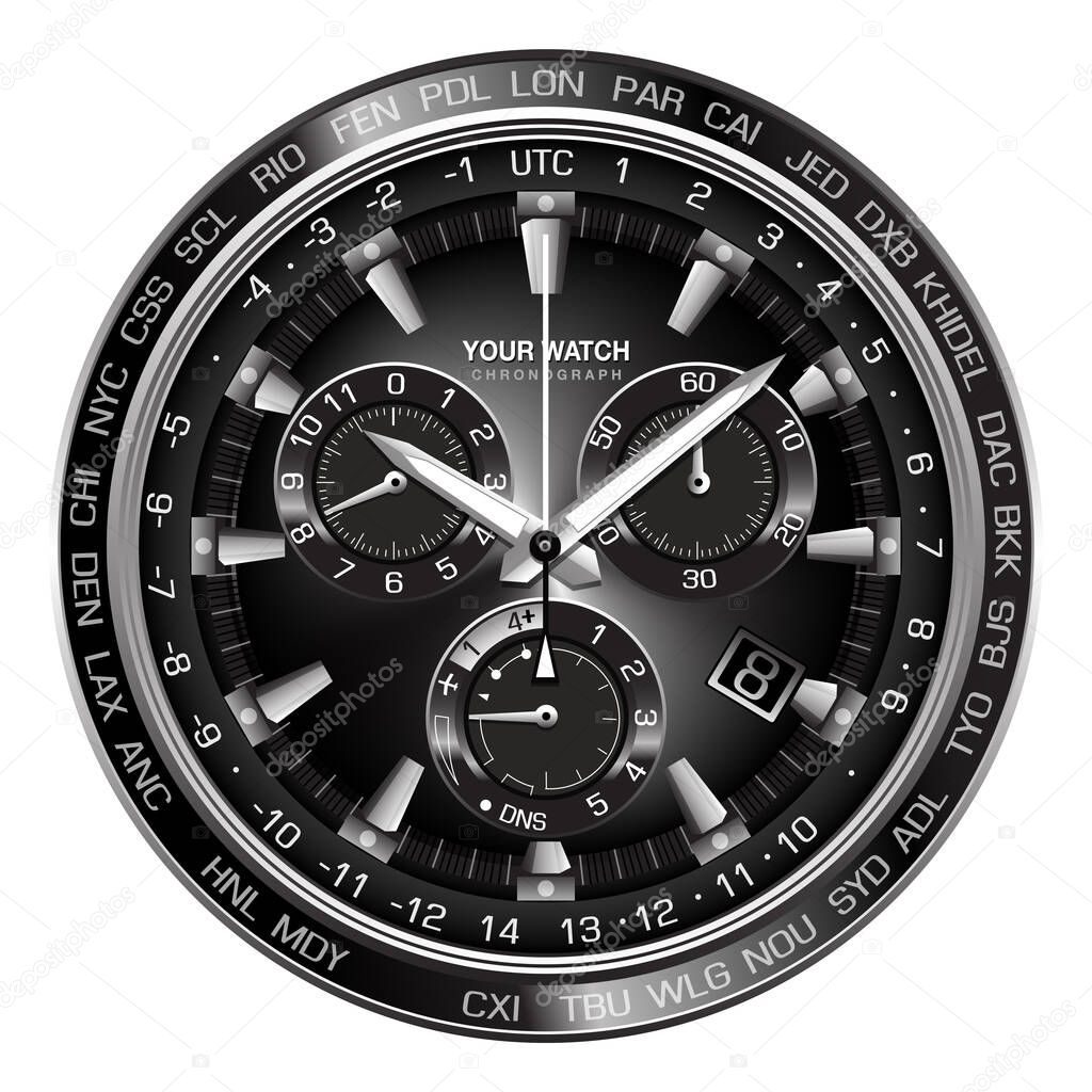 Realistic silver black steel clock watch chronograph dashboard face on white background design luxury for men vector illustration.