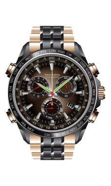 Beyaz vektör illüstrasyonundaki erkekler için beyaz arka plan tasarımı üzerinde siyah çelik lüks kronografisi gerçekçi saat saati.