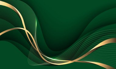 Yeşil tasarım üzerinde soyut dalga altın kurdele eğrisi modern lüks arka plan illüstrasyonu.