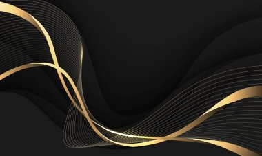 Siyah tasarım üzerine soyut dalga altın kurdele eğrisi modern lüks arka plan illüstrasyonu.