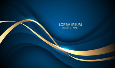 Mavi tasarım üzerinde soyut dalga altın kurdele eğrisi modern lüks arka plan illüstrasyonu.