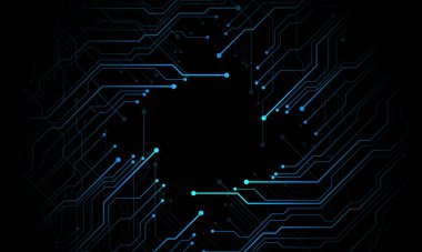 Soyut mavi devre kartı teknolojisi elektronik elementlere bağlı bilgisayar anakart işlemcisi yarı iletken siyah arkaplan çizimi.