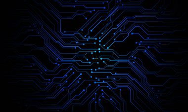 Soyut mavi devre kartı teknolojisi elektronik elementlere bağlı bilgisayar ana kart işlemcisi yarı iletken siyah arkaplan vektöründe dijital