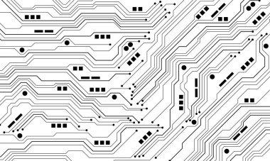 Soyut siyah devre kartı teknolojisi elektronik elementlere bağlı bilgisayar anakart işlemcisi yarı iletken dijital beyaz arkaplan vektör çizimi.