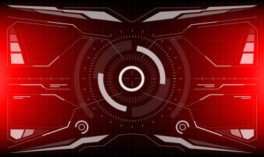 Kırmızı vektör illüstrasyonunda HUD bilim kurgu arayüzü beyaz dairesel geometrik tasarım sanal geleceksel teknoloji yaratıcı görüntüsü.