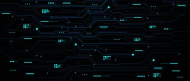 Soyut mavi devre kartı teknolojisi elektronik elementlere bağlı bilgisayar ana kart işlemcisi yarı iletken siyah arkaplan vektöründe dijital