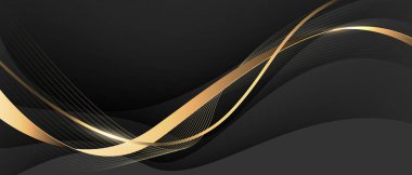Siyah tasarım üzerine soyut dalga altın kurdele eğrisi modern lüks arkaplan illüstrasyonu.