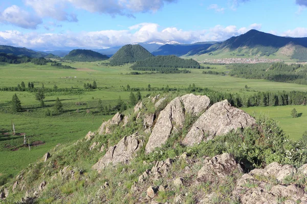 Vista Del Pueblo Montaña Elo Distrito Ongudaysky Altai Rusia — Foto de Stock