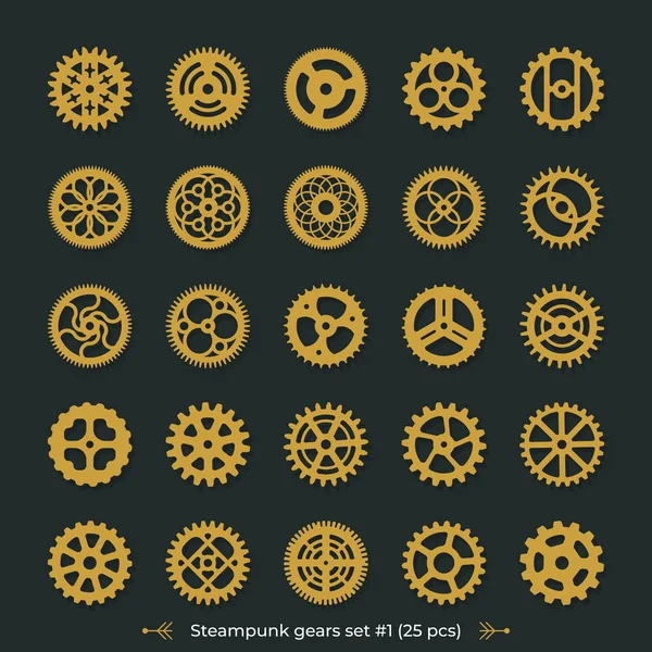 Brass cogs on dark green background Steampunk gears vector set victorian era illustration design elements great for laser or vinyl cut — Stock Vector