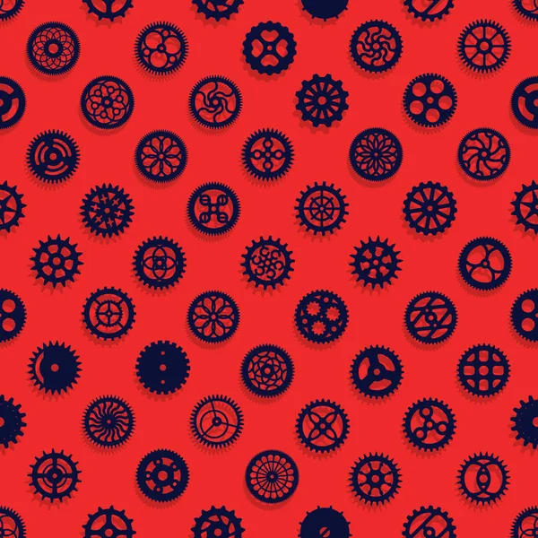 Creative modern steampunk digital paper design. blue clockwork gears vector seamless texture. Cogwheel pattern on red background — Stock Vector