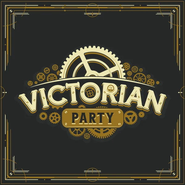 Steampunk party golden logo design victorian era cogwheels insignia vector poster on grey background great for invitation — Stock Vector