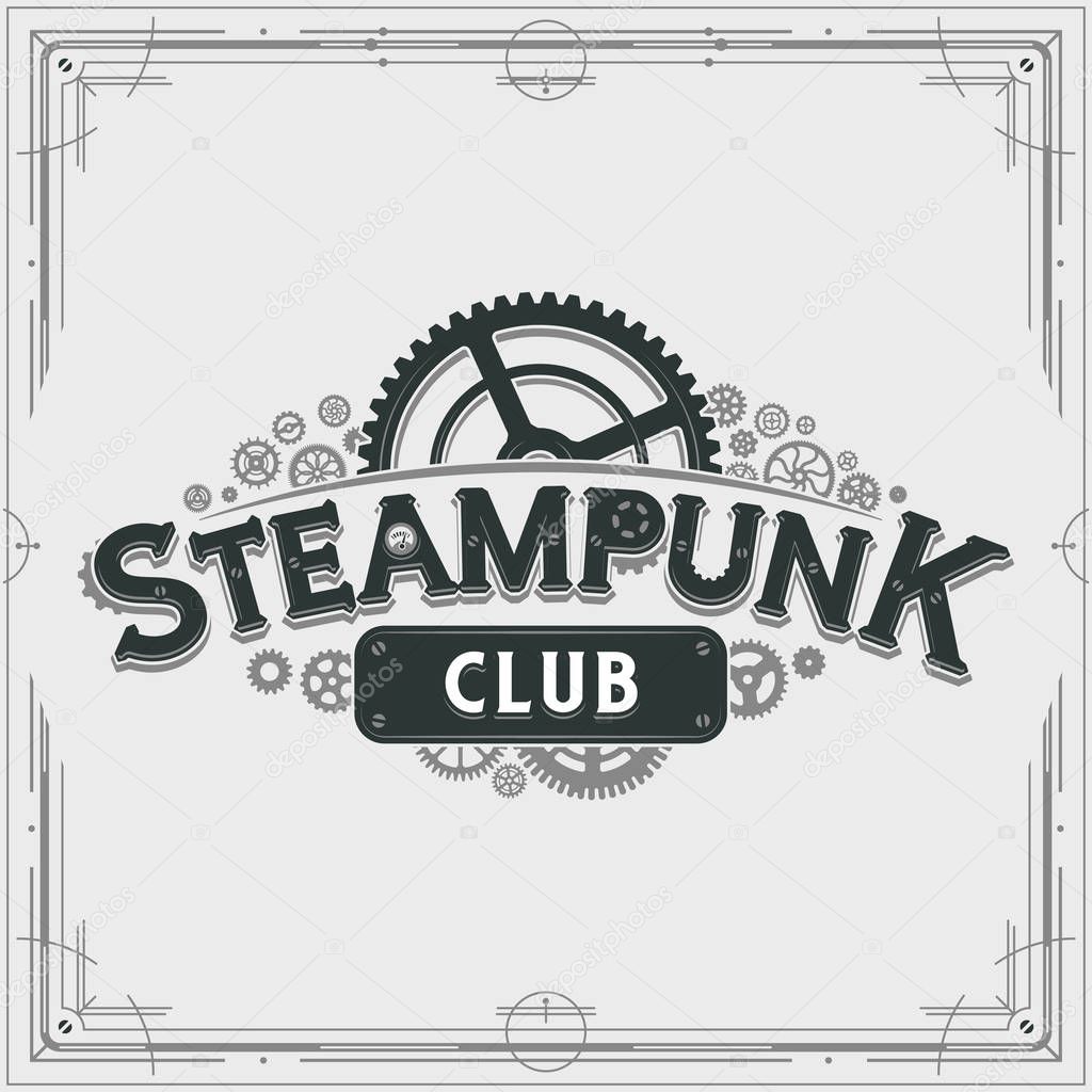 Monochrome steampunk logotype design victorian era cogwheels club logo vector insignia poster great for banner or party invitation