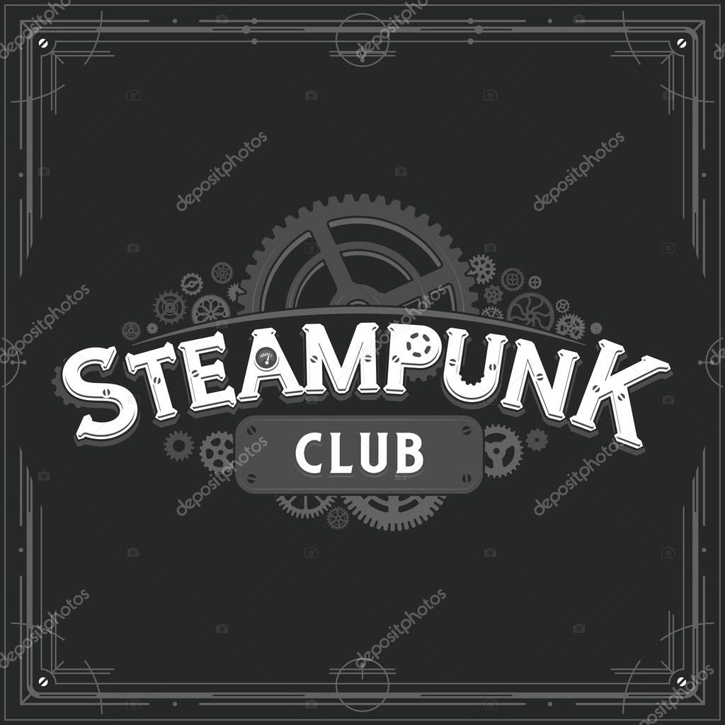 Dark steampunk logotype design victorian era cogwheels club logo vector insignia poster great for banner or party invitation