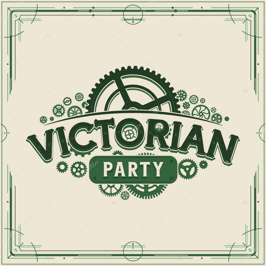 Green steampunk party gears logotype design victorian era cogwheels vector poster on light background great for banner or invitation