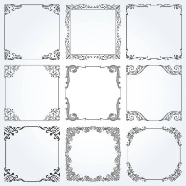 Dekoratif çerçeveler ve sınırlar kare arkaplan vintage tasarım unsurları ayarlandı 