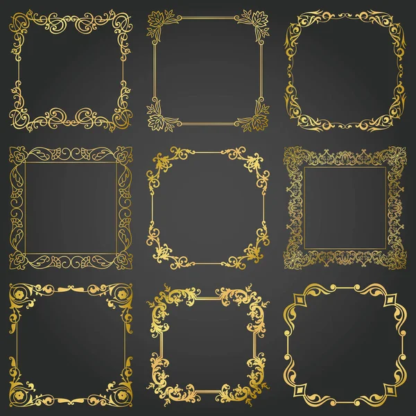 Decoratieve Gouden Kaders Randen Vierkant Achtergronden Vintage Ontwerpset Elementen — Stockvector