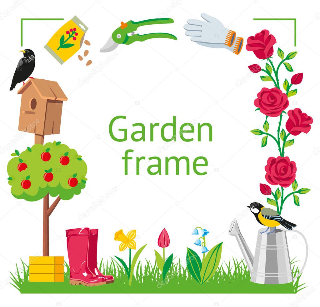 Garden frame cartoon style. Garden collection tools isolated on white background illustration