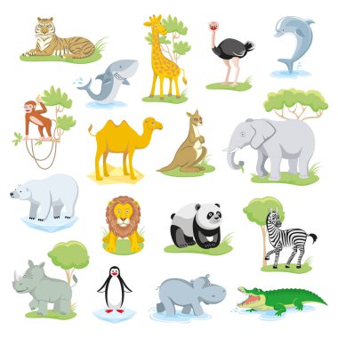 Vahşi hayvanlar Afrika, Avustralya, Kuzey Kutbu, Antarktika, Asya fauna hayvanlar izole ve deniz yaratıkları, yatay ayarla. Vektör çizim