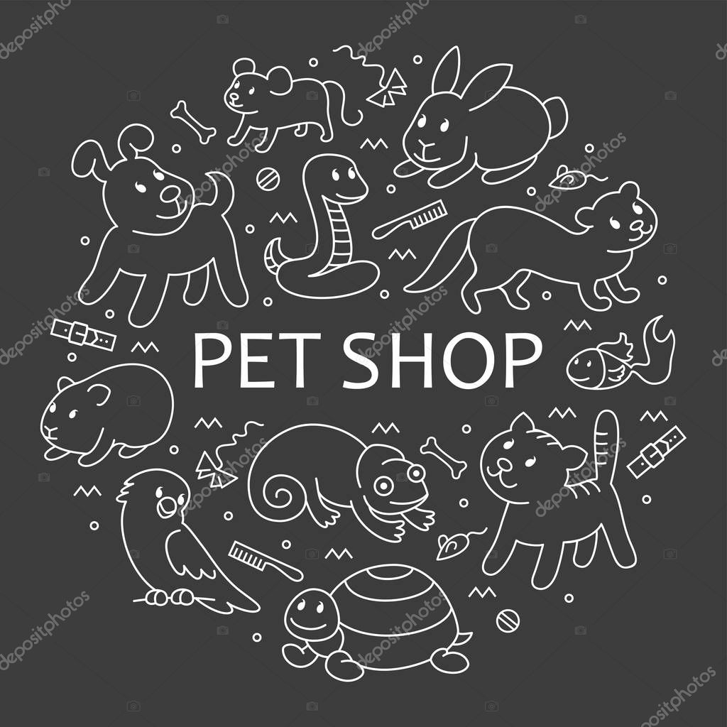 Pet shop, types of pets in circle template, cartoon illustrations animals in line style. Logo, pictogram, infographic elements