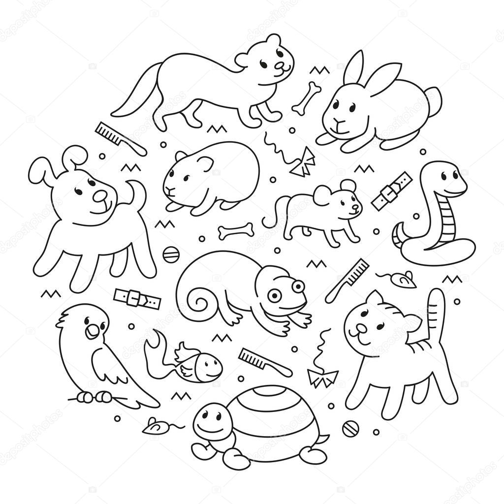 Pet shop, types of pets in circle template, cartoon illustrations animals in line style. Logo, pictogram, infographic elements