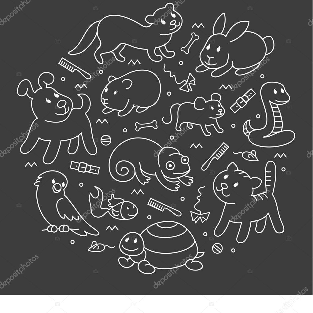 Pet shop, types of pets in circle template, cartoon illustrations animals in line style. Logo, pictogram, infographic elements