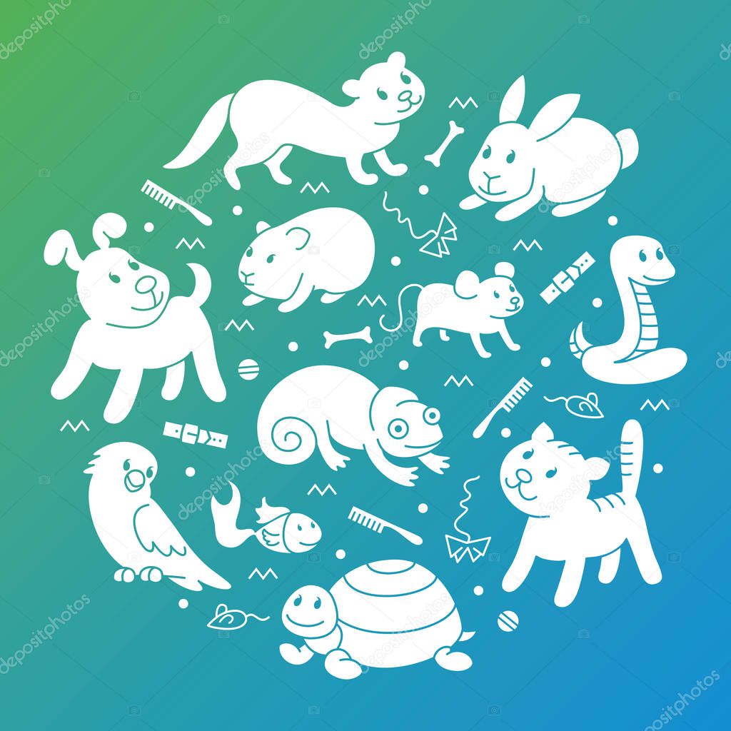 Pet shop silhouette, types of pets in circle, cartoon illustrations animals in line style. Logo, pictogram, infographic elements