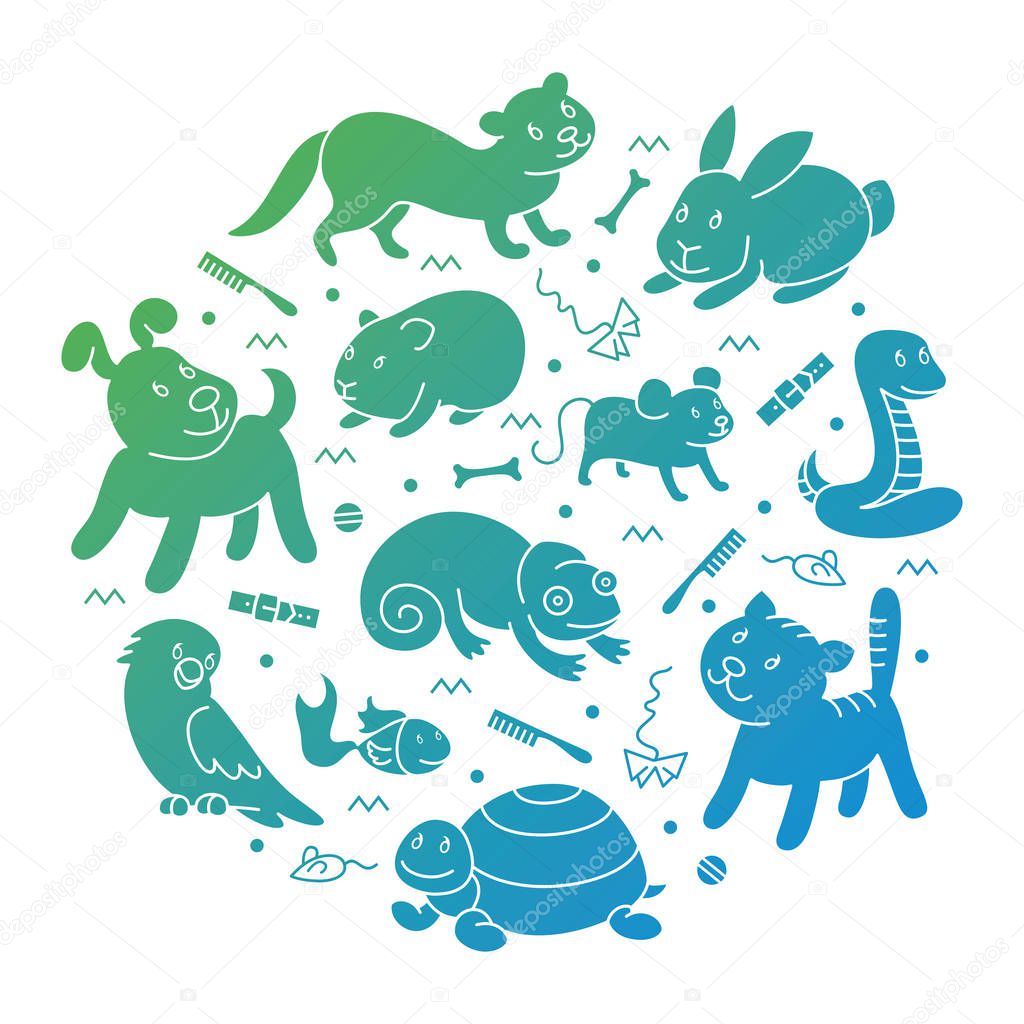 Pet shop silhouette, types of pets in circle, cartoon illustrations animals in line style. Logo, pictogram, infographic elements