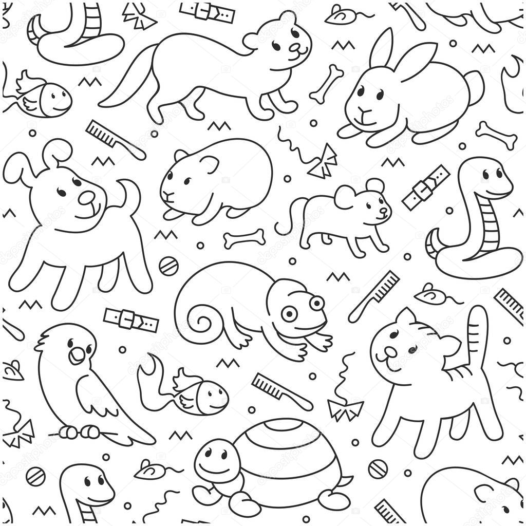 Pet shop, seamless cut doodle pattern background of pets, cartoon illustrations animals in line style. Logo, pictogram, infographic elements