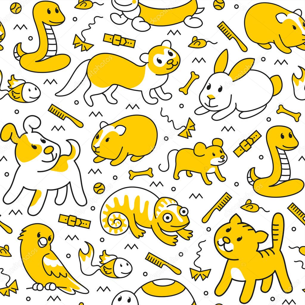 Pet shop,doodle pattern background of pets, cartoon illustrations animals in line style. Logo, pictogram, infographic elements