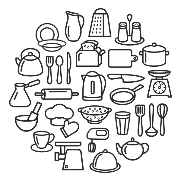 Juego de cocina de iconos de línea de utensilios de cocina en círculo — Vector de stock