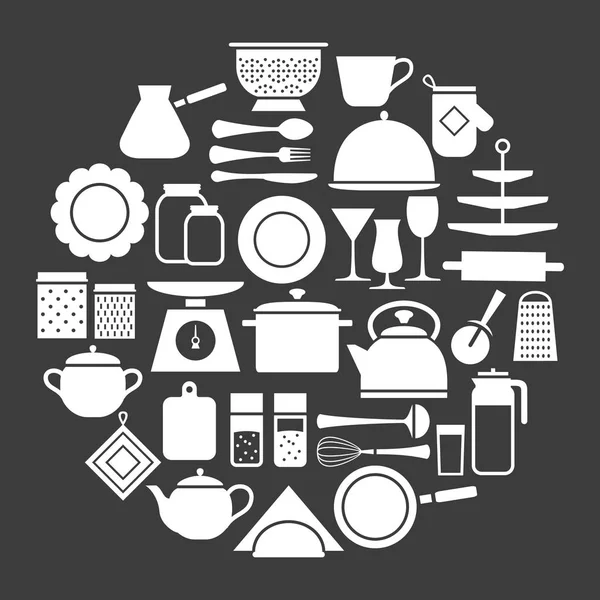 Juego de cocina de iconos de silueta de utensilios de cocina en círculo — Vector de stock