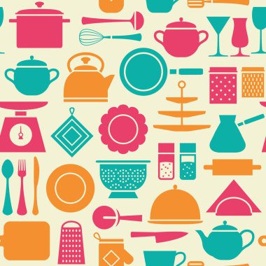 Kitchen tools pattern, color cooking set of kitchenware silhouet vector Kitchen tools pattern, color cooking set of kitchenware silhouet vector