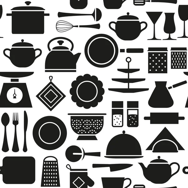 Візерунок кухонних інструментів, набір кухонного посуду силует ico — стоковий вектор